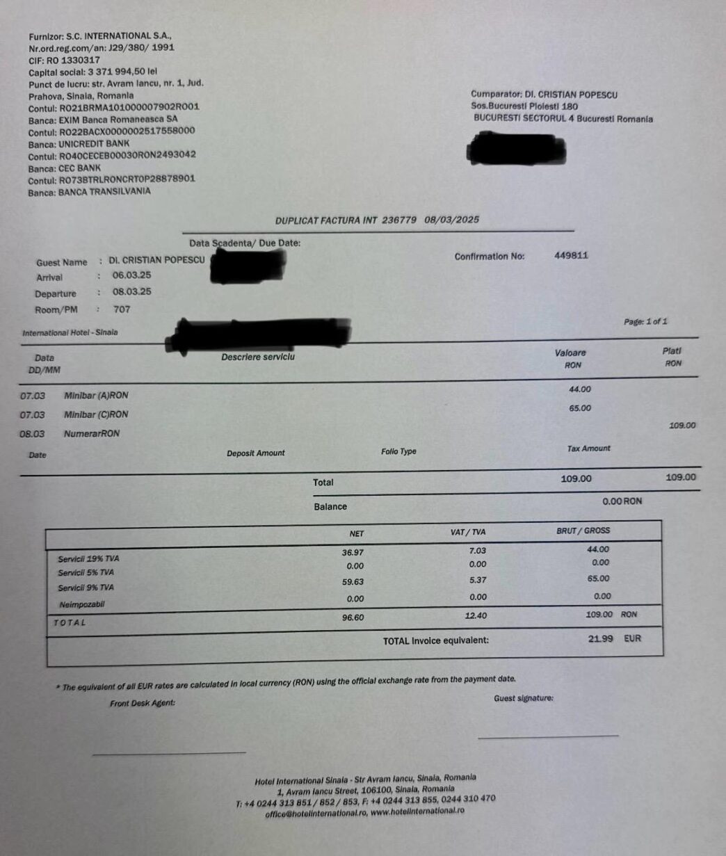 factura hotel international sinaia cristian popescu piedone